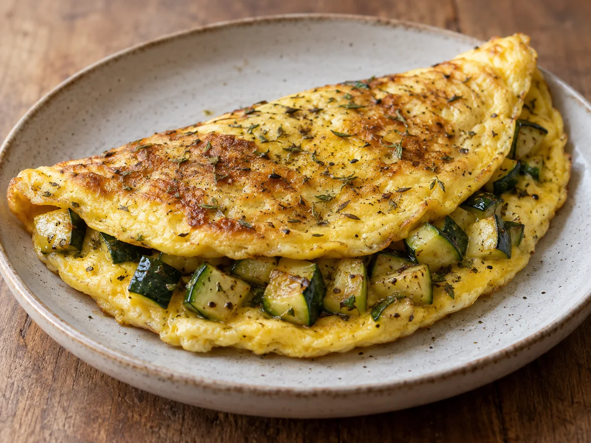 Omelette dorée aux dés de courgette et aux herbes dans une assiette.