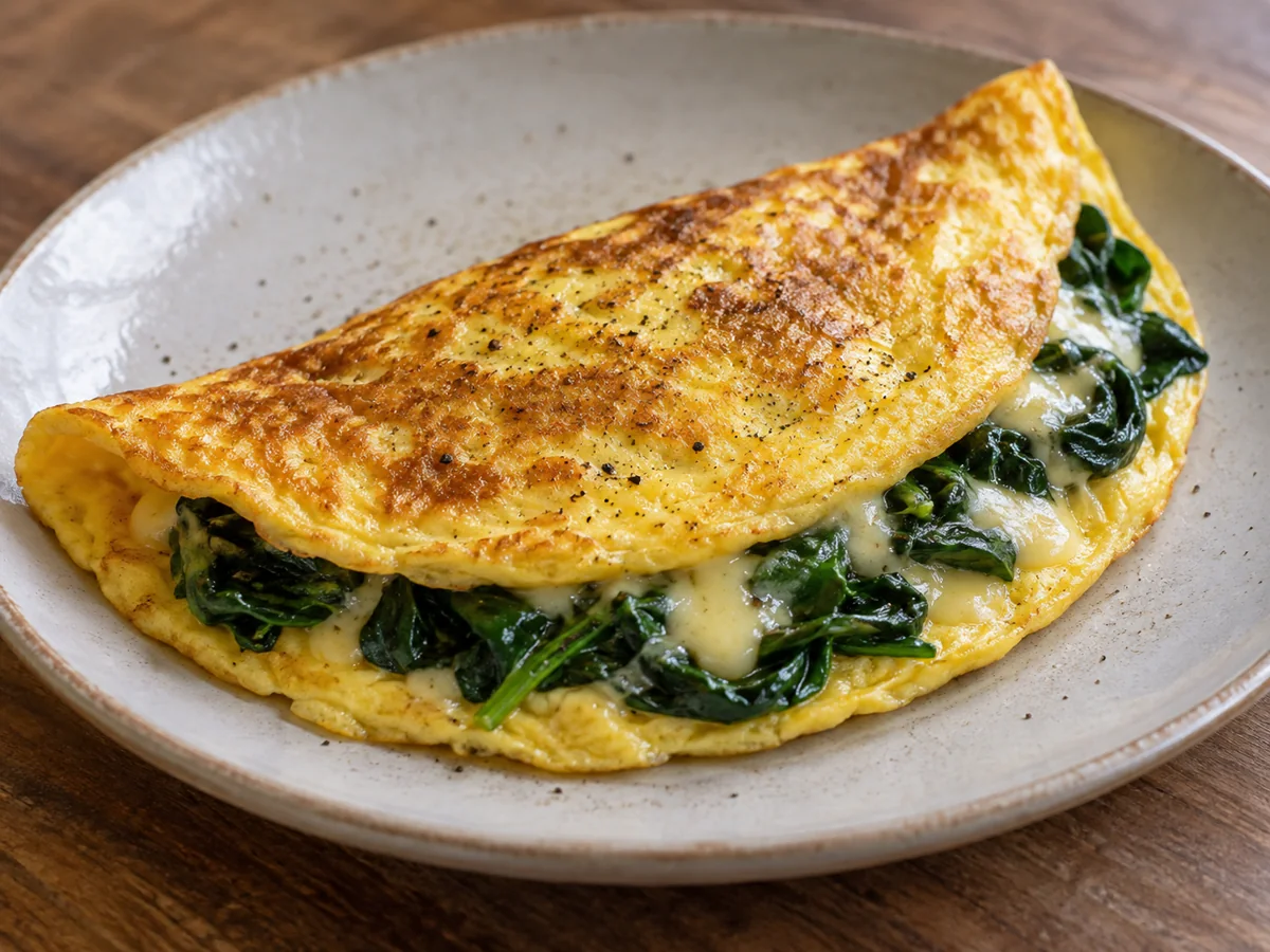 Omelette pliée garnie d’épinards et de fromage fondu.
