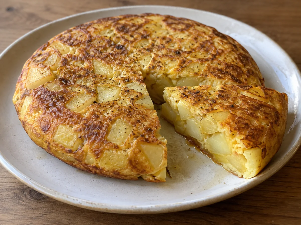 Omelette ronde aux pommes de terre dorées, présentée dans une poêle.