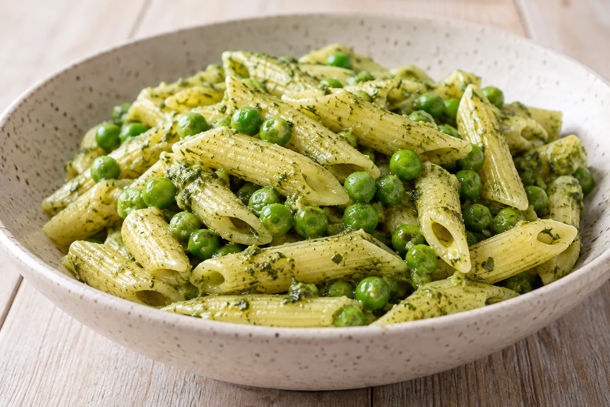Pâtes au pesto et petits pois