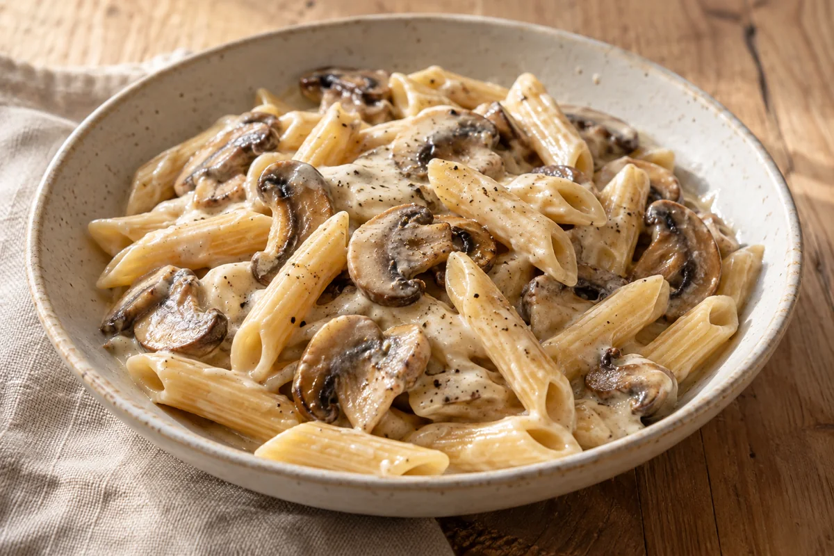Penne en sauce crémeuse aux champignons émincés